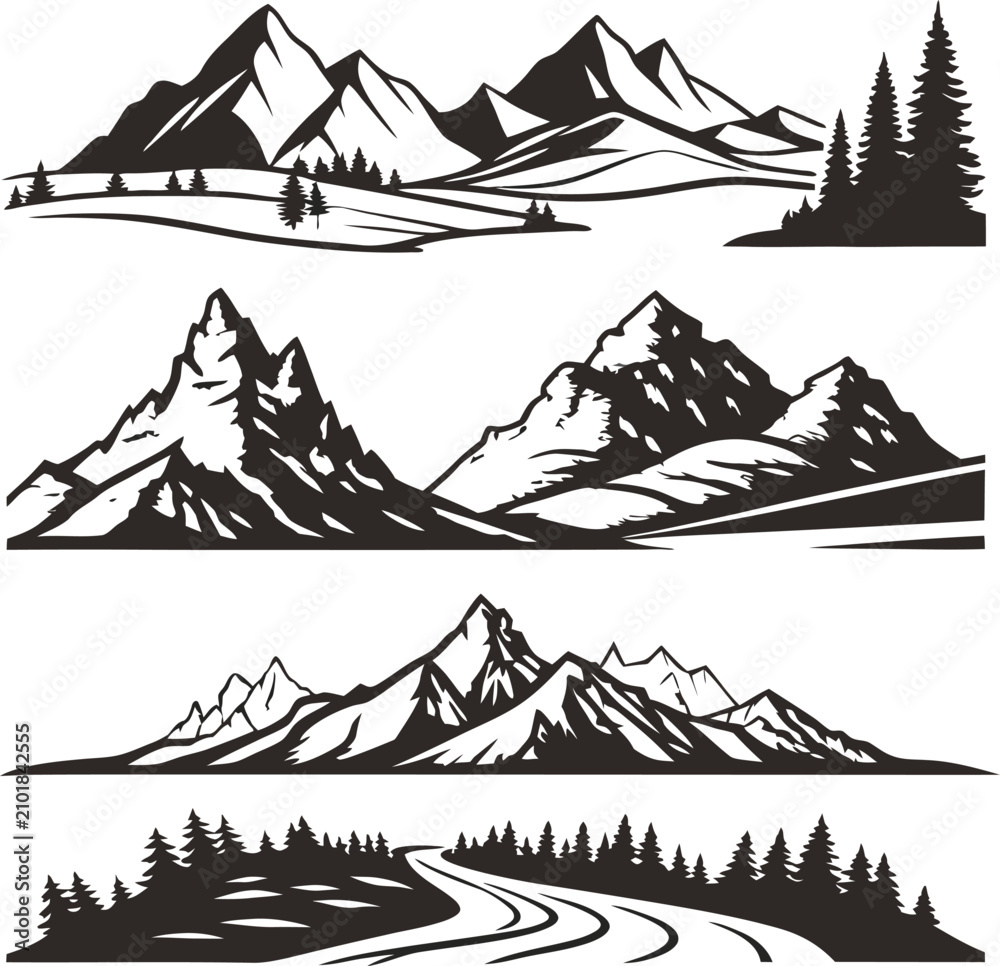 Fototapeta premium Mountain landscapes with pine trees and winding road during day Vector Illustration