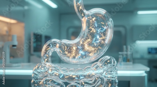Human gut microbiome with glowing bacteria in digestive system, intestine and stomach, medical 3D illustration, gut health concept