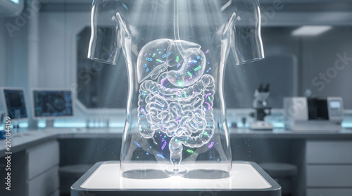 Human gut microbiome with glowing bacteria in digestive system, intestine and stomach, medical 3D illustration, gut health concept