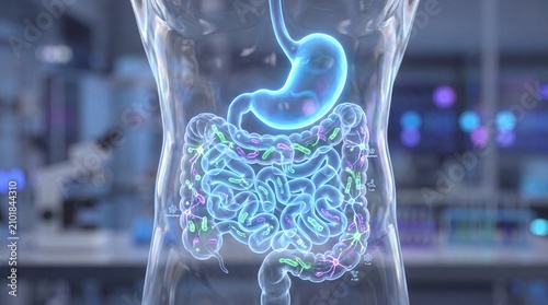 Human gut microbiome with glowing bacteria in digestive system, intestine and stomach, medical 3D illustration, gut health concept