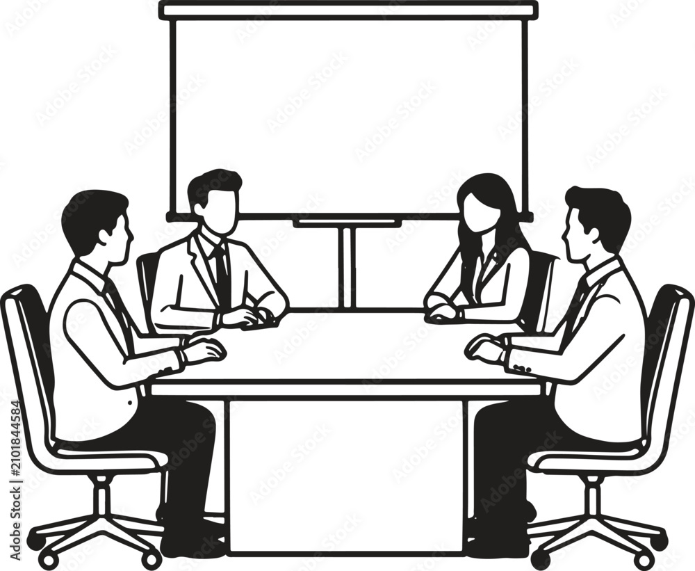 Fototapeta premium Business Meeting: Four professionals are gathered around a conference table, participating in a meeting with a blank projector screen in the background.