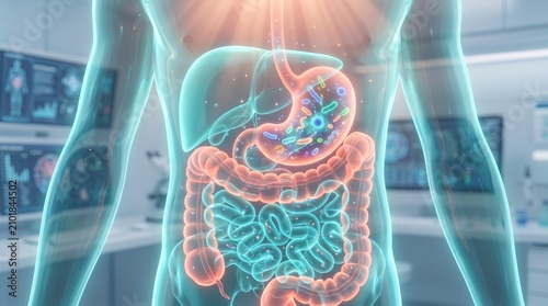 Human gut microbiome with glowing bacteria in digestive system, intestine and stomach, medical 3D illustration, gut health concept