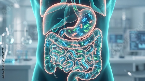 Human gut microbiome with glowing bacteria in digestive system, intestine and stomach, medical 3D illustration, gut health concept