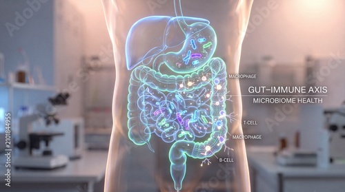 Human gut microbiome with glowing bacteria in digestive system, intestine and stomach, medical 3D illustration, gut health concept