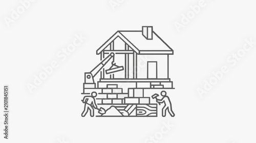 Foto Dynamic Black and White Line of House Under Construction with Workers and Crane