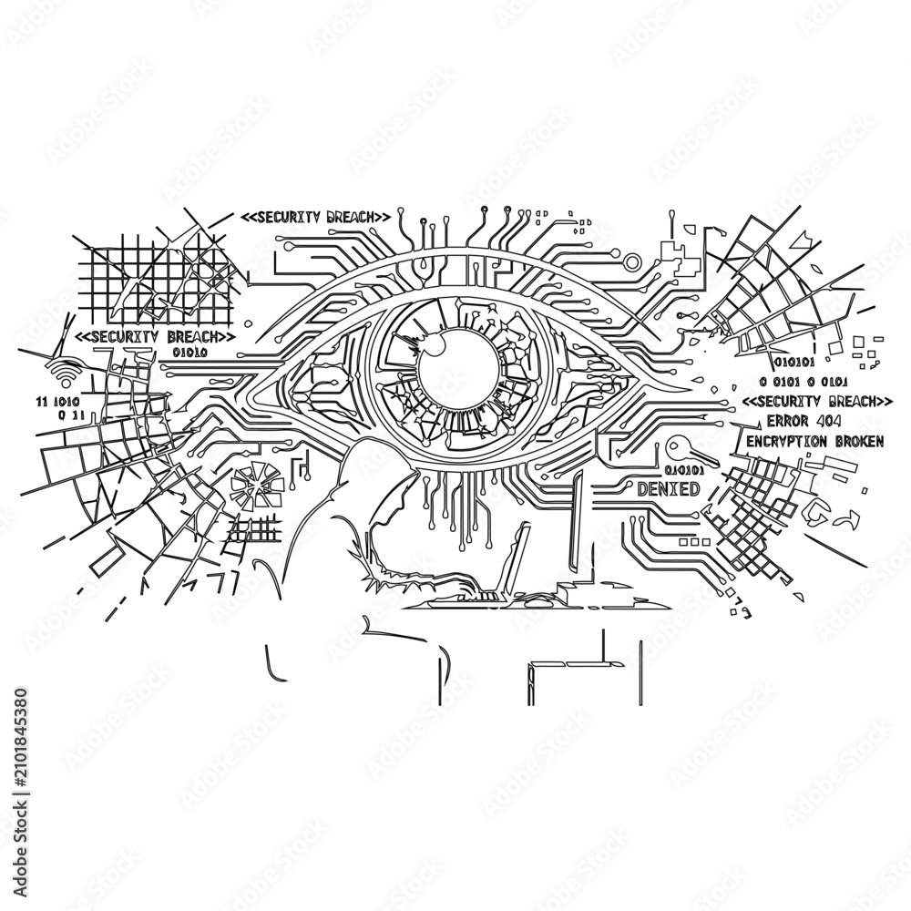 Obraz premium Cyber Security Hacker Outline with Abstract Digital Eye and Circuit Board Interface Vector Illustration