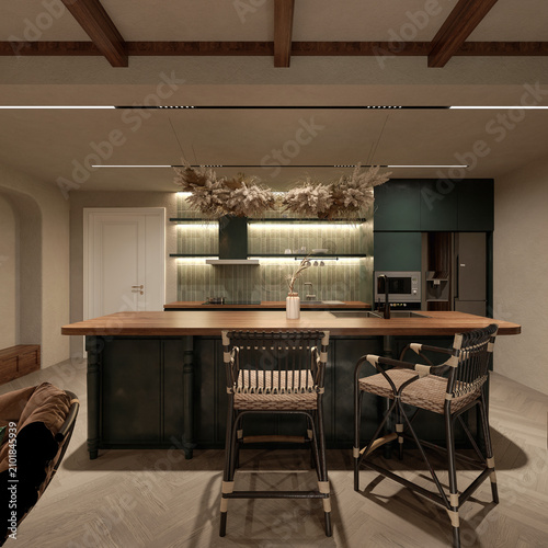modern kitchen interior, home interior countertop, 3d rendering