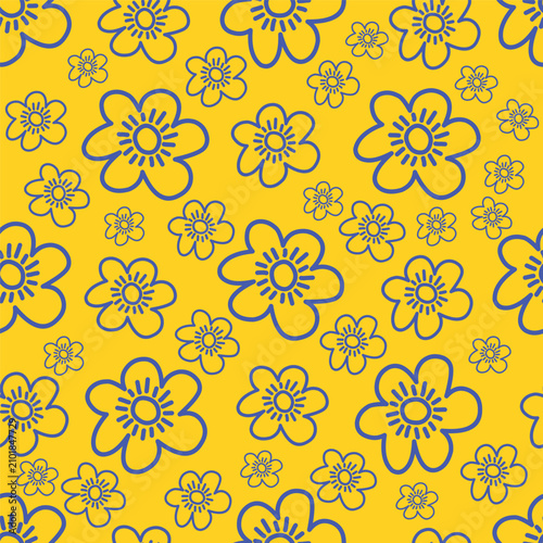 Seamless Pattern Vector Illustration - Cute Hand-Drawn Blue Floral Doodles on Bright Yellow Background 