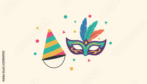 Colorful carnival masquerade mask with feathers alongside a striped party hat surrounded by bright confetti.
