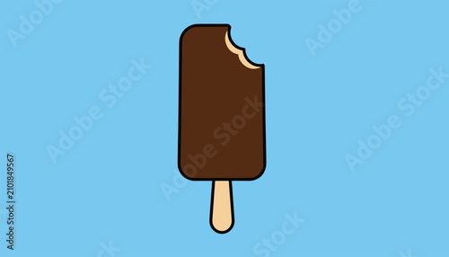 Delicious chocolate popsicle ice cream bar on a wooden stick with a bite taken out on a light blue background.