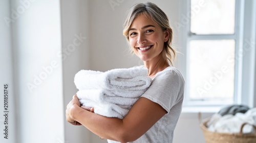 Happy woman feeling good about household chores, smiling mature lady holding a stack of fresh clean folded towels in her arms after laundry day at home