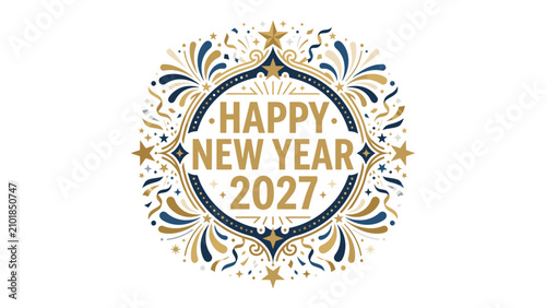 Photography Happy New Year 2027 Celebration: A festive and ornate circular design adorns this Happy New Year 2027 graphic, featuring explosive bursts of confetti, stars
