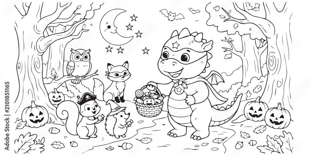 Fototapeta premium Halloween dragon collecting candy. Spooky forest illustration with trick-or-treat basket. A friendly dragon collects Halloween treats in a spooky forest with friends.