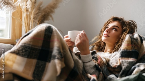 Young woman relaxing on sofa at home, enjoying warm beverage under plaid blanket, contemplating future possibilities with cozy comfort and calm thoughts