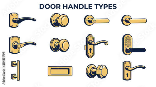 Door Handle Types Vector Illustration Set, Modern Architectural Hardware Icons, High Quality Design Collection