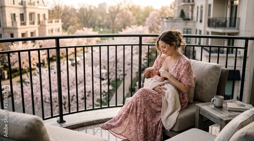 Young woman relaxing on balcony with city view. Stylish female enjoying urban sunset in cozy loungewear.