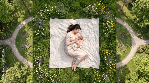 Mother breastfeeding newborn baby outdoors. Mom nursing infant on blanket in green park.