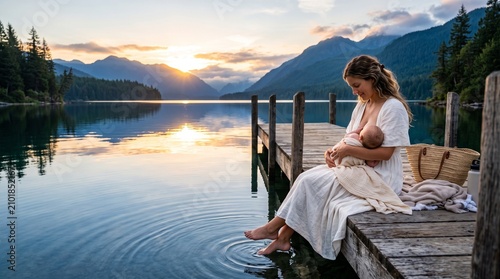Mother breastfeeding baby on a wooden dock. Woman nursing infant by a scenic mountain lake.
