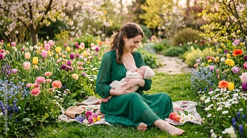 Mother breastfeeding baby in spring garden. Woman nursing newborn outdoors in nature.