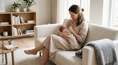 Mother breastfeeding newborn baby on sofa. Mom nursing infant in cozy living room interior.