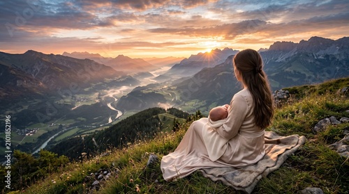 Mother breastfeeding baby in mountains. Woman nursing infant at sunset in nature.