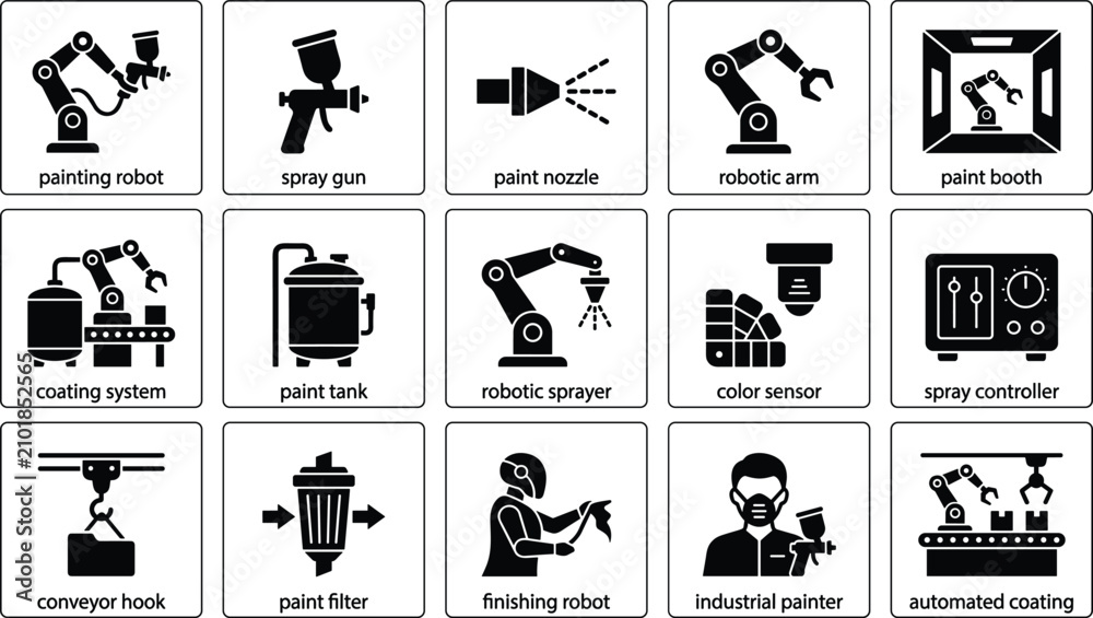 Obraz premium Set of industrial painting and robotic coating icons, including painting robot, spray gun, paint booth, robotic arm, and automated coating system