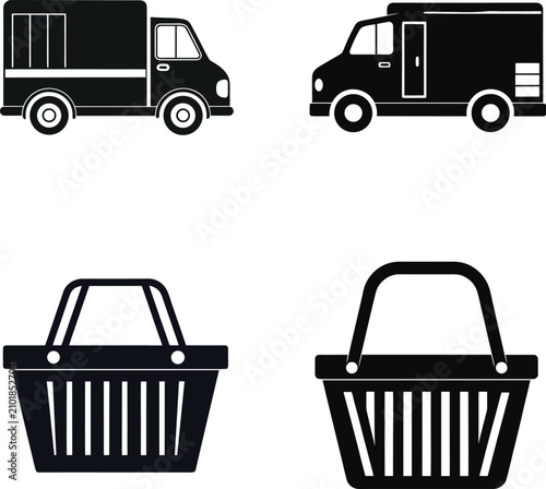 Shopping Basket and Delivery Van Black Silhouette Collection