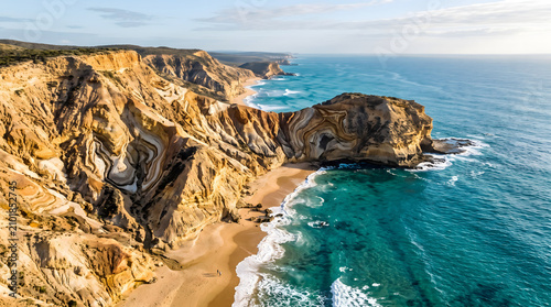 Aerial view of dramatic layered cliffs and turquoise ocean waves