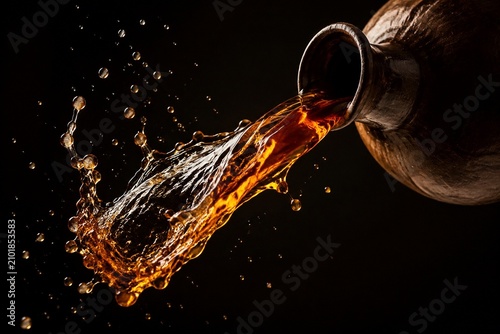 Dark amber liquid pouring from a flagon in a dynamic splash.