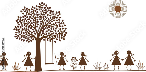 Photos Traditional Indian Warli Tribal Art Style Vector Illustration Featuring Children