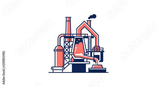Industrial Factory Building with Smokestacks and Pipes, Modern Illustration