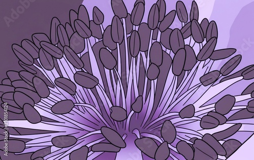 Macro close-up of the intricate inner structure of a vibrant purple anemone flower. Detailed stamens and pistils with soft petals create a botanical composition suitable for nature, floral, gardening,