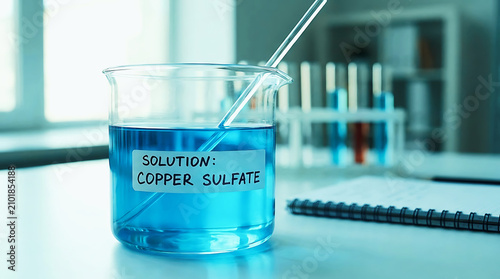 Blue copper sulfate chemical solution in a laboratory beaker with stirring rod . Ai Generated
