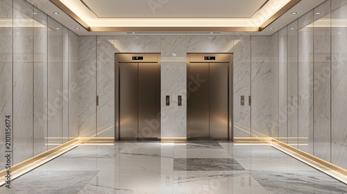 Modern luxury elevator lobby with marble walls and polished floors in a high end building.