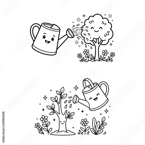 Fotografie Watering can and tree character vector line art illustration set