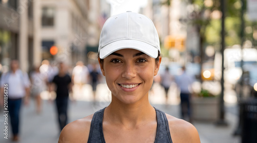 Smiling young woman in white baseball cap on city street