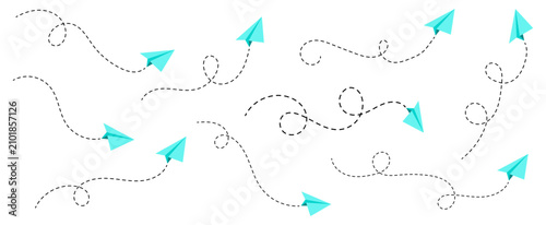 Set of paper plane dotted line with location icon. Origami paper airplane, Travel symbol, Airplane Route Line Icons. Dashed Flight Path and Paper Plane Vector Set.