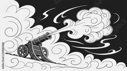 Old cannon firing with dramatic smoke and powder explosion graphic illustration vector art.