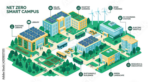 Sustainable university campus with solar panels.