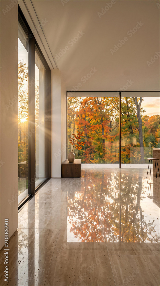Obraz premium Modern Minimalist Living Room Interior with Floor to Ceiling Glass Windows Overlooking Vibrant Autumn Forest Landscape Golden Hour Sunset Sunlight Reflecting on Polished Travertine Marble Flooring