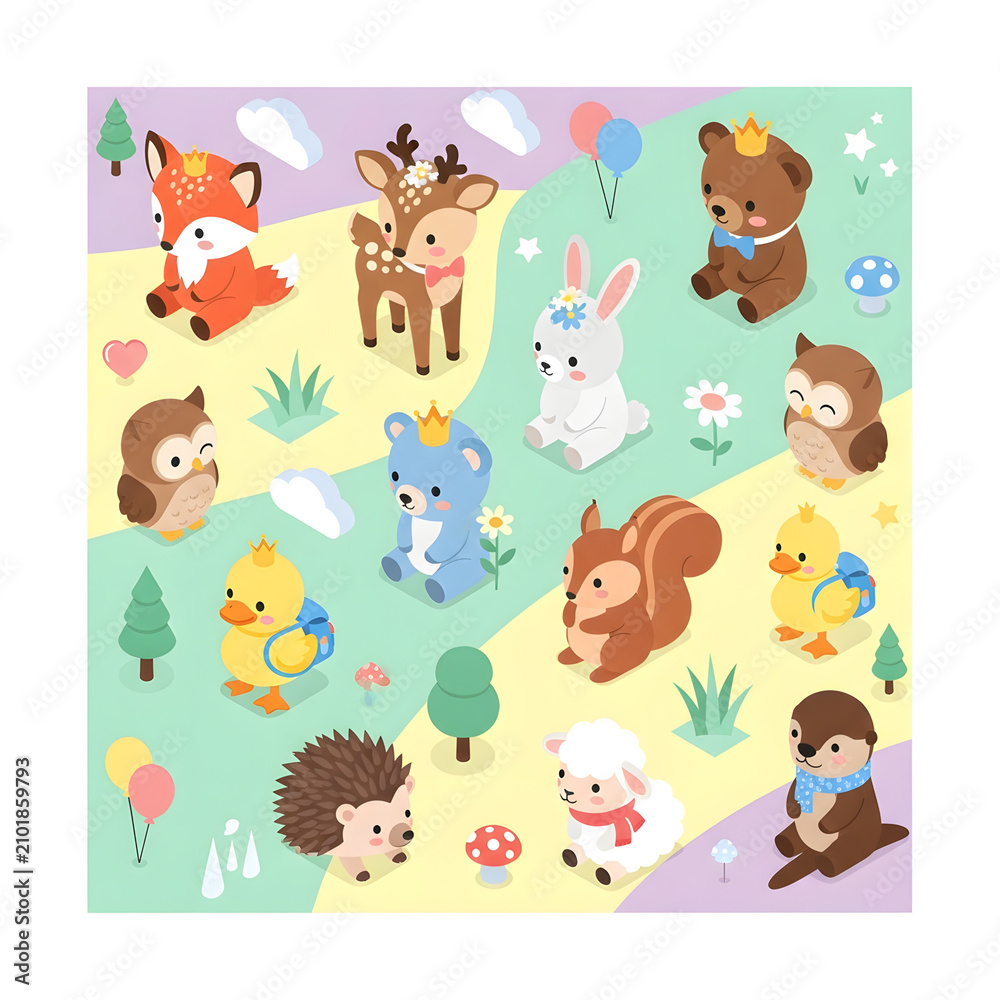 Obraz premium Isometric vector illustration of cute woodland baby animals featuring a fox, deer, rabbit, bears, owls, and ducklings with backpacks on a pastel colored outdoor landscape.