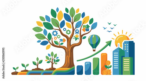 Growing tree with branches bearing puzzle pieces gears and awards ascending growth