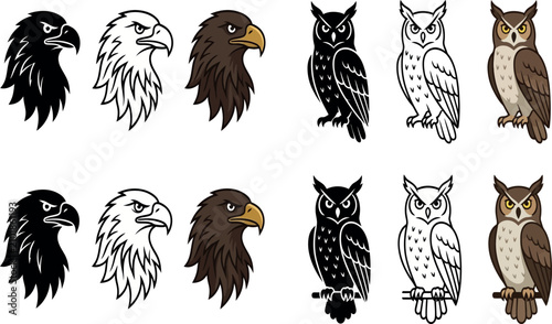 Fotografie Eagle and Owl Vector Illustration Collection: High-Quality Mascot Logo Design Elements Featuring Bird of Prey Head and Full Body Icons in Silhouette, Line Art, and Color Styles