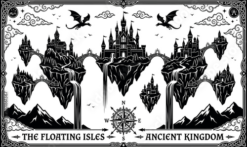 Cuadro en lienzo Fantasy Silhouette Illustration of the Floating Isles Ancient Kingdom featuring Medieval Castles, Flying Dragons, Waterfalls, and a Compass Rose in a Vintage Storybook Style