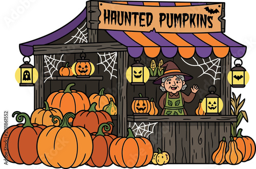 Quadro su tela Spooky Halloween Haunted Pumpkins Stall Vector Illustration Featuring a Friendly