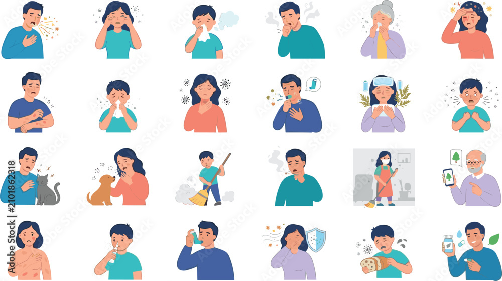Fototapeta premium Allergy Symptoms and Prevention Collection with Sneezing, Coughing, Skin Rash, Dust Allergy, Pet Allergy, and Healthcare Vector Illustration Set