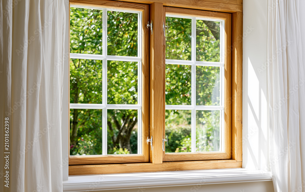 Fototapeta premium Wooden sash window with multiple panes, sunlight streaming through, white curtain, green trees outside, peaceful home interior