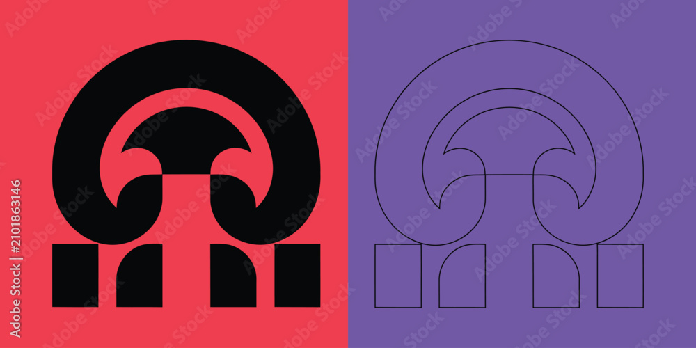 Obraz premium Abstract symmetrical emblem with thick black shape and thin outline version on red and purple split background