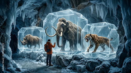 Explorer Discovers Ancient Ice Age Creatures Mammoth, Woolly Rhino, and Saber-toothed Tiger Frozen in a Glistening Glacial Cave