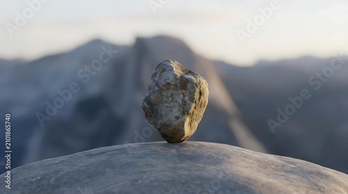 A solitary stone balancing on a rock pinnacle tripper concept in a peaceful mountain landscape with soft lighting and a blurred background for focus
